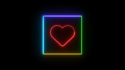 Poster - Glowing neon heart symbol inside a square frame against black background illustrating love and romance for social media or digital design