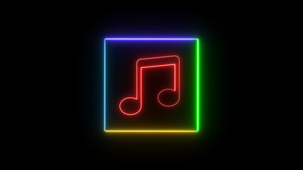 Poster - Colorful neon glowing musical note icon within a square frame on a black background representing music and multimedia content and creative design concepts.