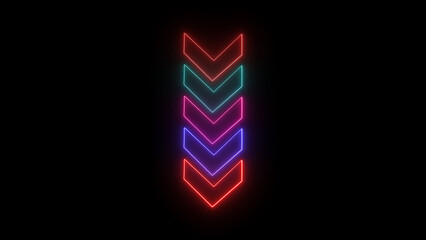 Poster - Glowing neon arrows pointing downward on a dark black background illustrating direction navigation and progress