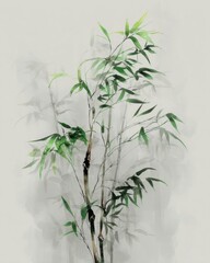 Poster - Bamboo stalks with leaves against light background in watercolor painting style for zen calm