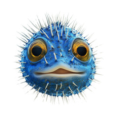 Aufkleber - Whimsical spiky blue pufferfish portrait with golden eyes on white background