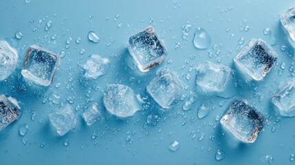 Poster - Refreshing ice cubes melting on light blue surface overhead shot studio lighting for summer drinks or cooling beverages concept