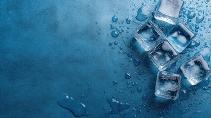 Poster - ice cubes melting on blue surface close up still life top angle freshness concept studio shot cold w