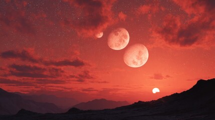 Poster - Red Planet Landscape with Three Moons Rising Over Mountains and a Distant Sun in a Starry Sky