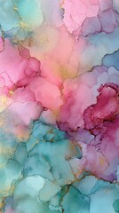Poster - Abstract Alcohol Ink Art Blending Pink Teal and Gold Creating a Dreamy Watercolor Effect Close Up Shot