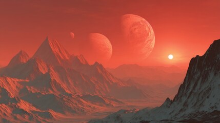 Poster - Red Planet Landscape with Mountains and Moons at Sunrise in Science Fiction Style Digital Art
