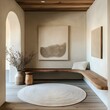 © Shehroo Time - Neutral Entry Space with Wooden Seat and Circular Rug