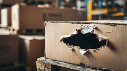 Aufkleber - Damaged cardboard box with a large hole in a warehouse. (1)