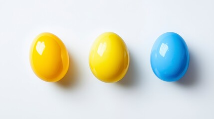 Poster - Three pastel-colored eggs, yellow, yellow-gold, and blue, arranged in a row on a white background.