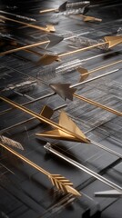 Poster - Golden and Silver Arrows on Geometric Background, Close-Up Perspective, Abstract Design, Modern Art, Conceptual Illustration