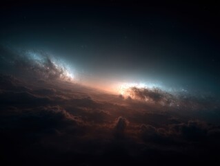Poster - Dramatic view of a galaxy rising above a cloudscape from space perspective with gradient colors and ethereal light