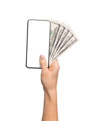 Poster - Female hand holding blank cellphone and bunch of USD banknotes, isolated on white background