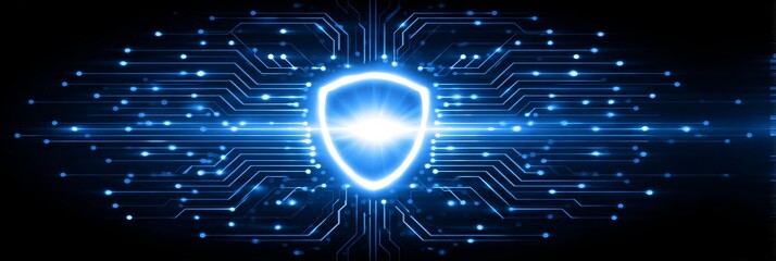 Poster - Shield: Circuit Board Security - Cybersecurity, data protection, safety, network security, and system protection are symbolized in this of a glowing shield on a circuit board
