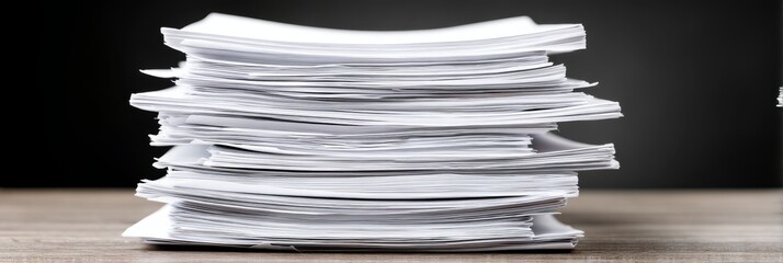 Poster - Stack of White Papers on Desk - A large stack of white papers sits on a wooden desk against a dark background. Represents paperwork, documents, office work