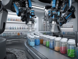 Poster - Robotic Arm Filling Jars with Colorful Pills on Conveyor Belt in Pharmaceutical Factory Close Up