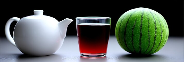 Poster - Teapot, Tea, and Watermelon Still Life - A white teapot, glass of dark tea, and a small watermelon create a visually appealing still life
