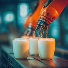 Poster - Robotic arm filling glasses with liquid in factory setting close up industrial automation
