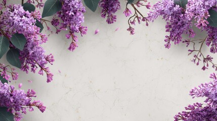 Poster - Lilac Blossoms Frame on Marble Background Top View Floral Arrangement Springtime Beauty Elegant Design