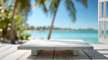 Poster - White wooden platform overlooking tropical beach with palm trees and turquoise ocean from open window