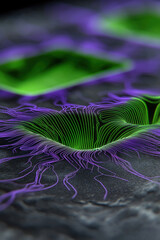 Poster - Detailed view of intricate green and purple lines on a textured black surface