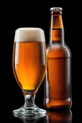 Poster - Refreshing Beer Glass and Bottle Still Life on Black Background Studio Shot Craft Brew Lager Ale Pilsner