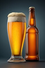 Poster - Refreshing Beer in Glass and Bottle Still Life Studio Shot on Dark Background Beverage Alcohol Drink