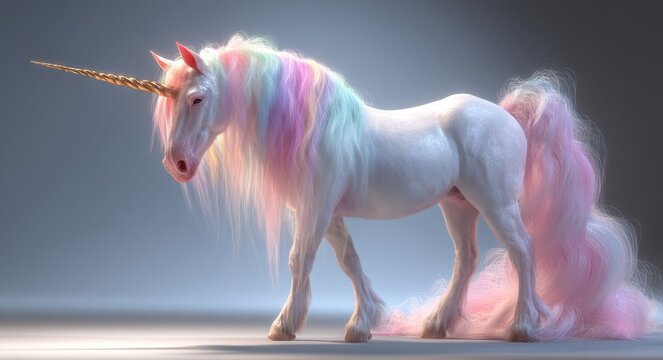 A white background serves as the setting for a standing unicorn with a distinctive pink mane and tail