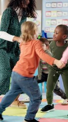 Poster - Holding hands, circle and woman with students, dancing and energy with arts education. Teacher, group and happiness with child development, kids and learning with creativity, growth and motor skills
