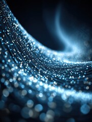 Poster - Abstract fiber optic strands flowing with light; macro close-up of network cables for high-speed data transfer and connectivity in dark blue