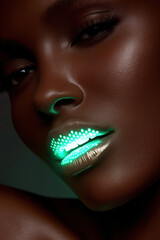Poster - Unique beauty portrait featuring glowing lip art and striking facial features