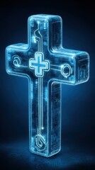 Poster - Digital Cross Symbol Glowing in Blue Light Abstract Technology Concept Standing on Circuit Board Surface