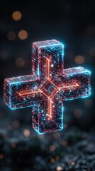 Poster - Futuristic Plus Sign Glowing with Circuitry and Light, Close Up Abstract Design, Artificial Intelligence, Technology, Innovation