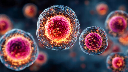 Poster - Colorful biological cells with glowing nuclei in a dark abstract environment