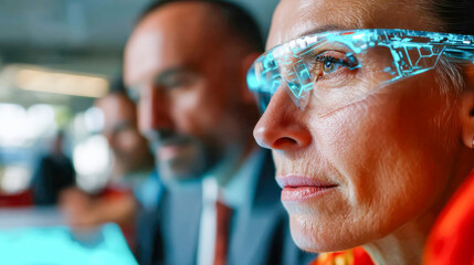 Poster - Woman in digital glasses with a futuristic HUD interface, participating in a corporate brainstorming session with colleagues in background