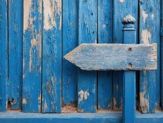 Poster - Weathered blue wooden sign pointing left on a rustic plank wall close up shot of a directional marker with aged paint