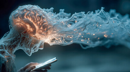 Poster - Surreal image of a glowing brain extending from a person using a smartphone, visualizing digital connectivity and the power of information flow