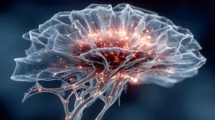 Poster - Elegant, glowing neural flower structure with delicate strands and sparks, symbolizing advanced technology, organic AI, and abstract intelligence