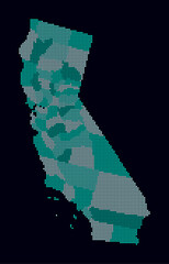 Poster - California dotted map. Digital style map of the state on a dark background. California shape with square dots. Colored dots style. Small size squares. Beautiful vector illustration.