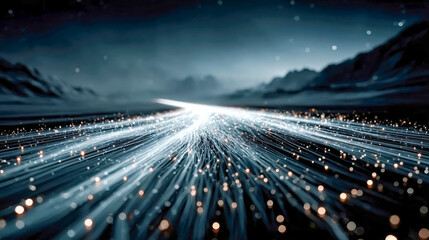 Poster - Abstract highway of light and data flows across a mountainous digital landscape, symbolizing futuristic transport or energy networks