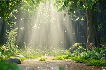 Wall Mural - lush forest path bathed in sunlight