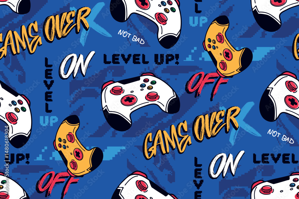 Gamer graffiti seamless pattern on blue background with game pad vector ...