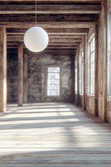 Poster - Interior view of empty rustic wooden hall with hanging lamp and natural light from windows in an old building