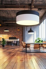 Poster - Modern Office Interior Design with Pendant Lights and Wooden Floor Perspective in Coworking Space