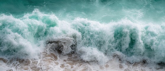 Poster - Crashing Ocean Wave with Turquoise Water and White Foam Close Up View on Sandy Beach Shoreline