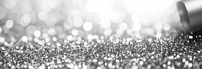 Poster - Sparkling silver glitter texture with bokeh and a silvery ribbon for celebrations and special occasions