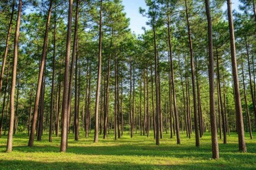 Wall Mural - lush pine forest, sunlight on green grass