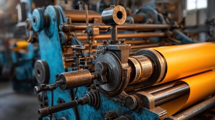 Poster - Close Up of Vintage Printing Press Machine with Yellow Paper Roll in Operation Industrial Setting