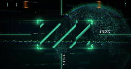 Poster - Displaying four turquoise diagonal bars moving across grid with numeric data and glitching effects