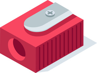 Poster - Red pencil sharpener with a metal blade, useful for students and office workers creating a point on pencils, seen from an isometric perspective
