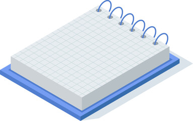 Poster - Notepad with blank squared sheets and blue spiral binding placed on a blue support, isometric view, ideal for writing notes, ideas, to do lists or reminders